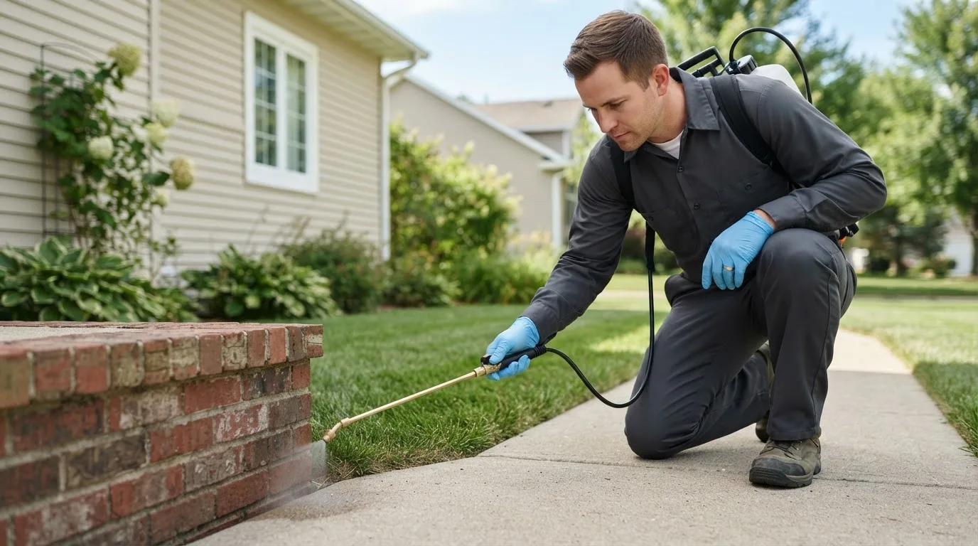 Pest control technician treating a home near Rome, IN